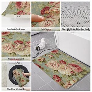 2 PCS Cushioned Anti-Fatigue Kitchen Mats and Rugs,Rose Floral Bath Mat Non-Slip Rug Accent Runner Floor Carpet Washable Indoor Doormat Standing Comfort Mat Rustic Flower Pink Red Teal Green Spring