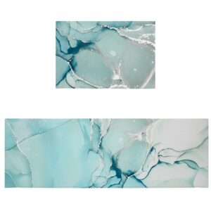 aqua teal kitchen rugs and mats set of 2, non-skid soft absorbent marble kitchen mats set for floor, farmhouse comfort runner rug carpets for sink, laundry, hallway, dinning room, office