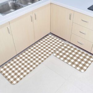 2 pieces kitchen rugs sets, country style brown and white checkered plaid gingham non-slip hallway stair runner rug mats doormat for floor, office, sink, laundry