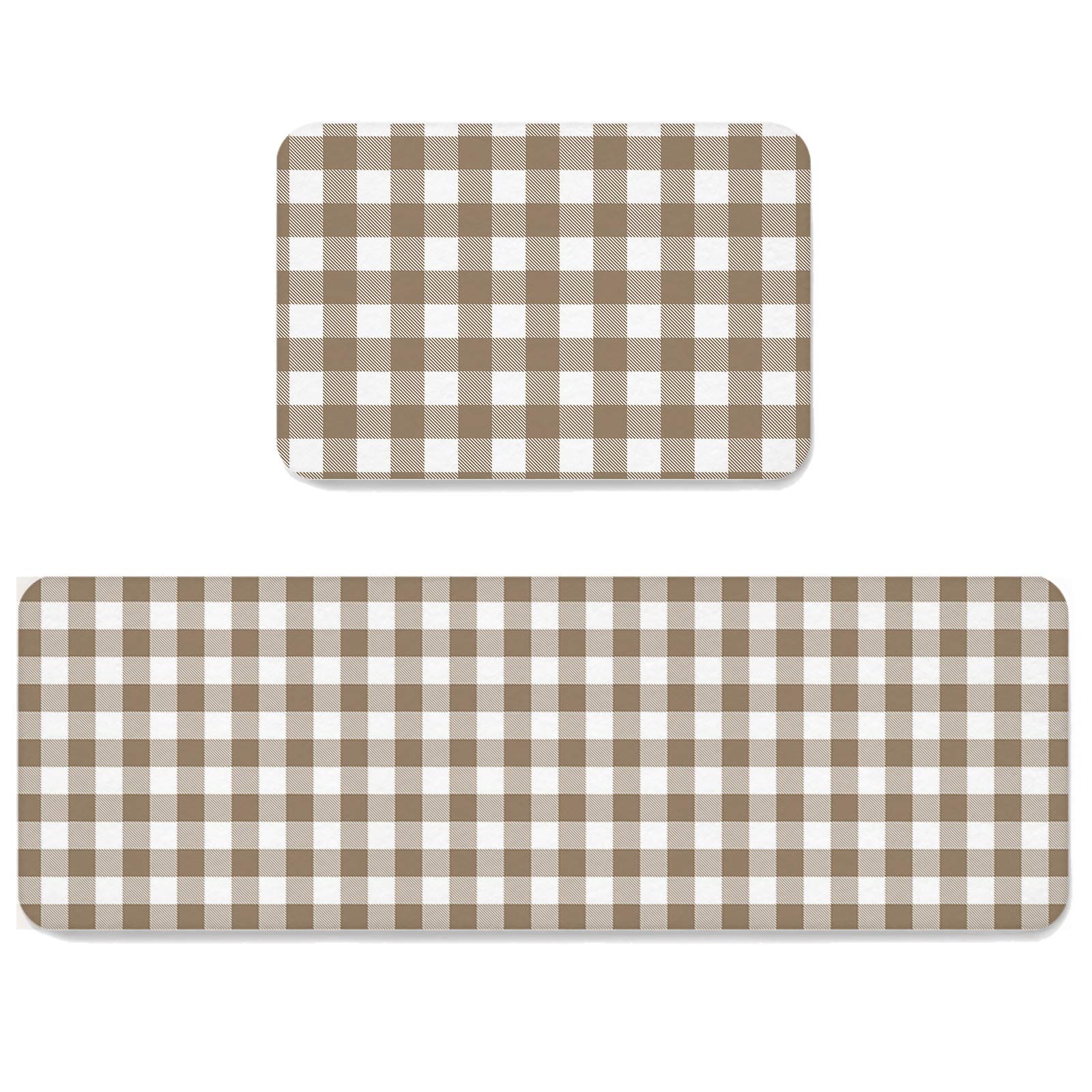 2 Pieces Kitchen Rugs Sets, Country Style Brown and White Checkered Plaid Gingham Non-Slip Hallway Stair Runner Rug Mats Doormat for Floor, Office, Sink, Laundry