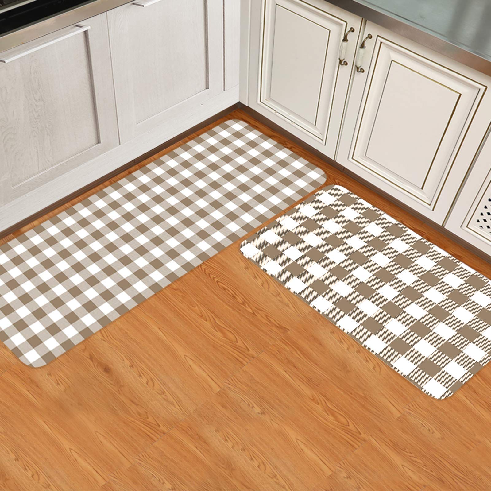 2 Pieces Kitchen Rugs Sets, Country Style Brown and White Checkered Plaid Gingham Non-Slip Hallway Stair Runner Rug Mats Doormat for Floor, Office, Sink, Laundry