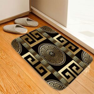 retro black gold greek key meander luxury bath mat, 3d geometric gold print bathroom rug non slip absorbent doormat with rubber backed for shower buthtub kitchen sink home decor 31"x20"