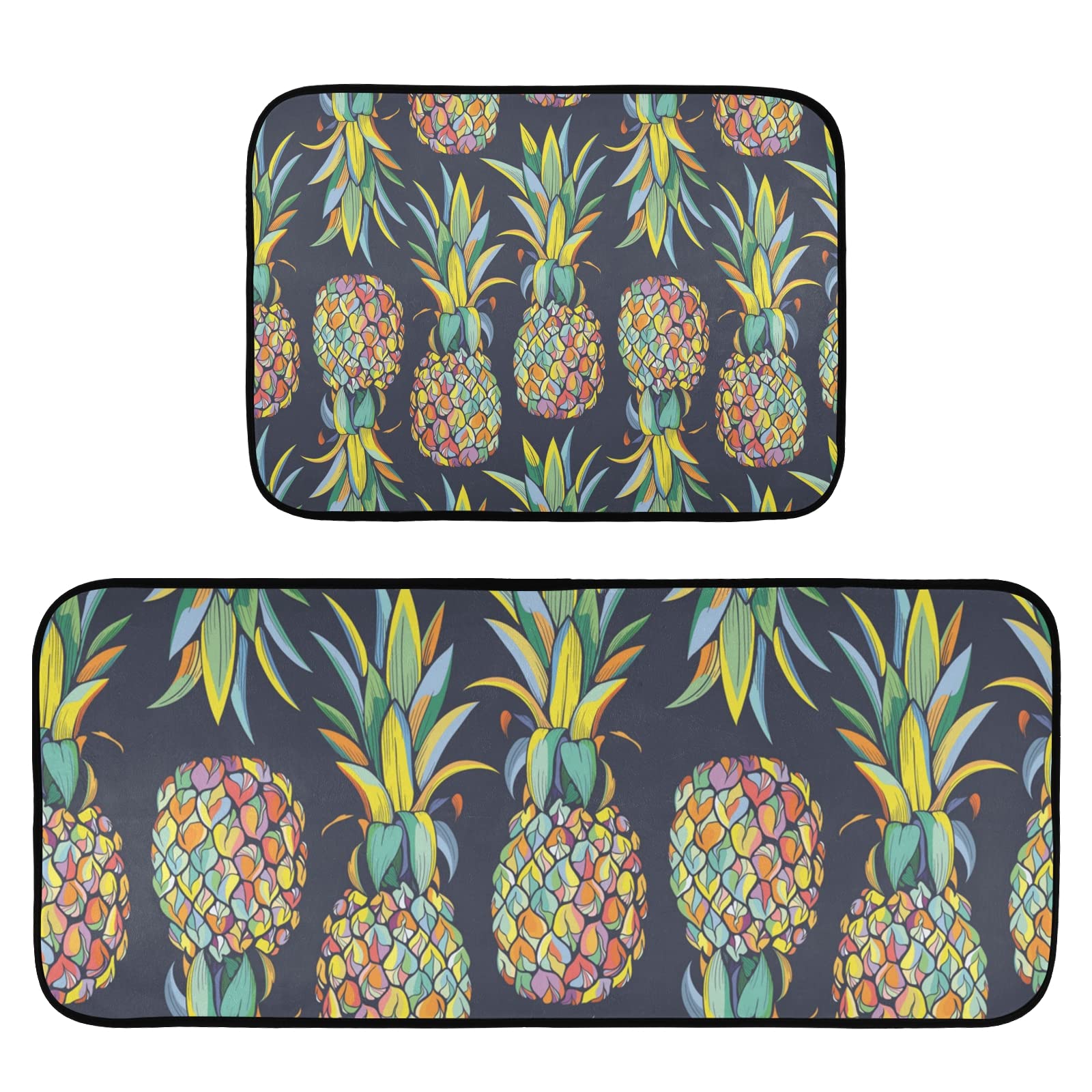 Pineapples Kitchen Rugs and Mat 2 Pieces Set Cushioned Anti Fatigue Kitchen Mat Non Slip Doormat Runner Carpet Washable Farmhouse Decor for Kitchen Floor Home Office Laundry