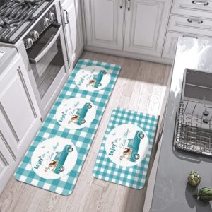 2 pieces kitchen mats floor area rug set farmhouse teal truck cute dog non-slip doormat, indoor water absorbent standing runner rugs for home decor spring flower butterfly aqua plaid