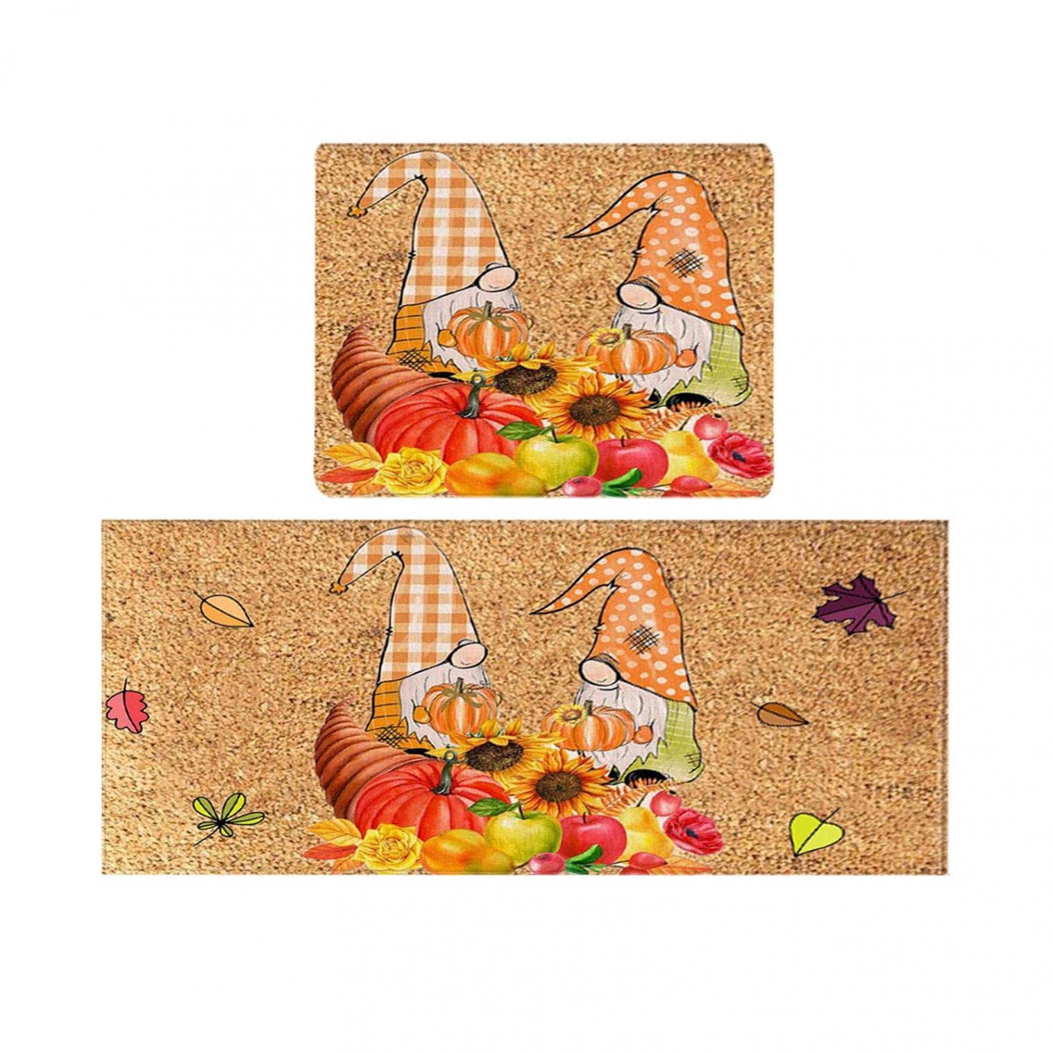 ROTORS Fall Gnome Pumpkin Decorative Kitchen Mats Set of 2, Fall Halloween Thanksgiving Rustic Yard Kitchen Rug with Non-Slip Rubber, Gnome Seasonal Decorative Floor Mat Doormat