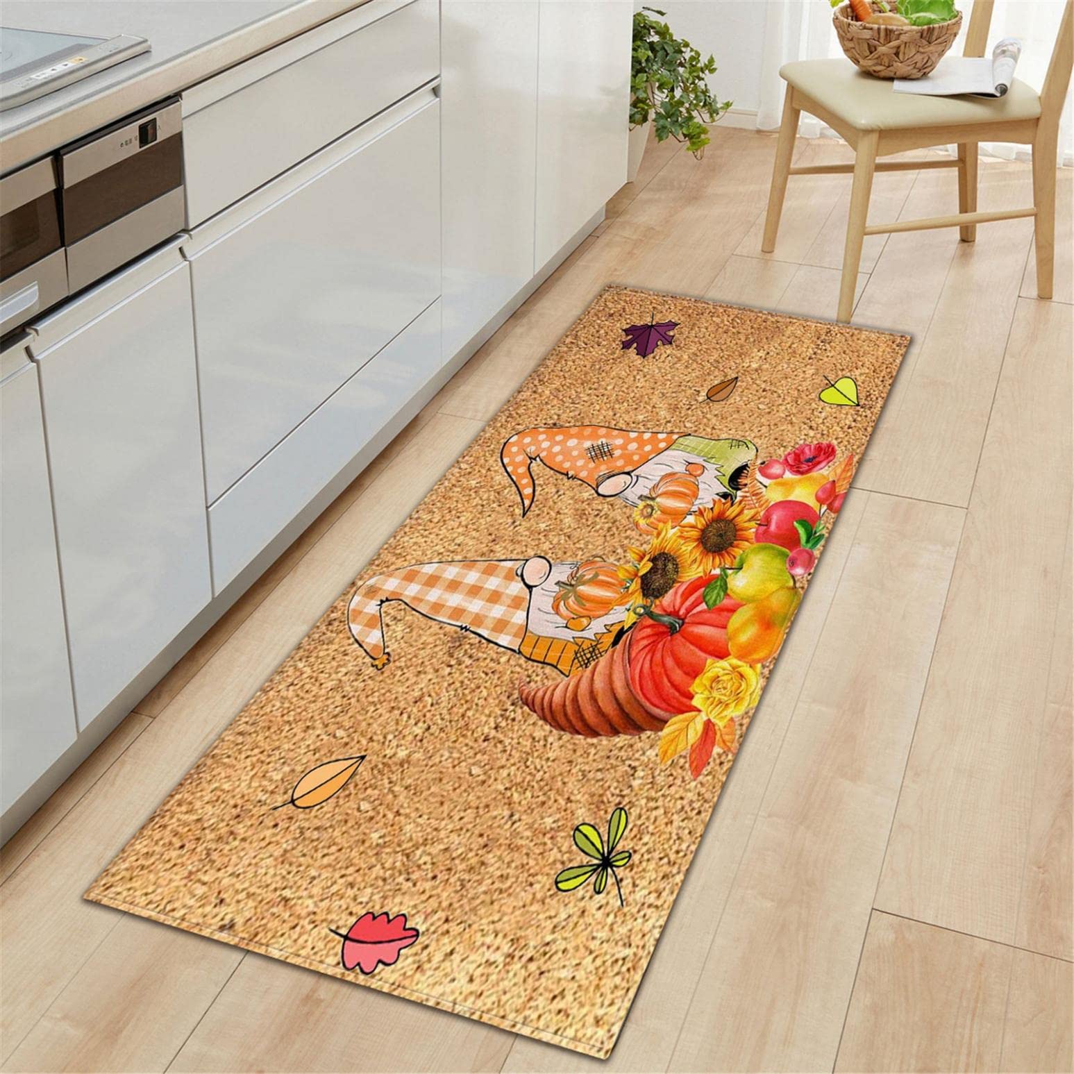 ROTORS Fall Gnome Pumpkin Decorative Kitchen Mats Set of 2, Fall Halloween Thanksgiving Rustic Yard Kitchen Rug with Non-Slip Rubber, Gnome Seasonal Decorative Floor Mat Doormat