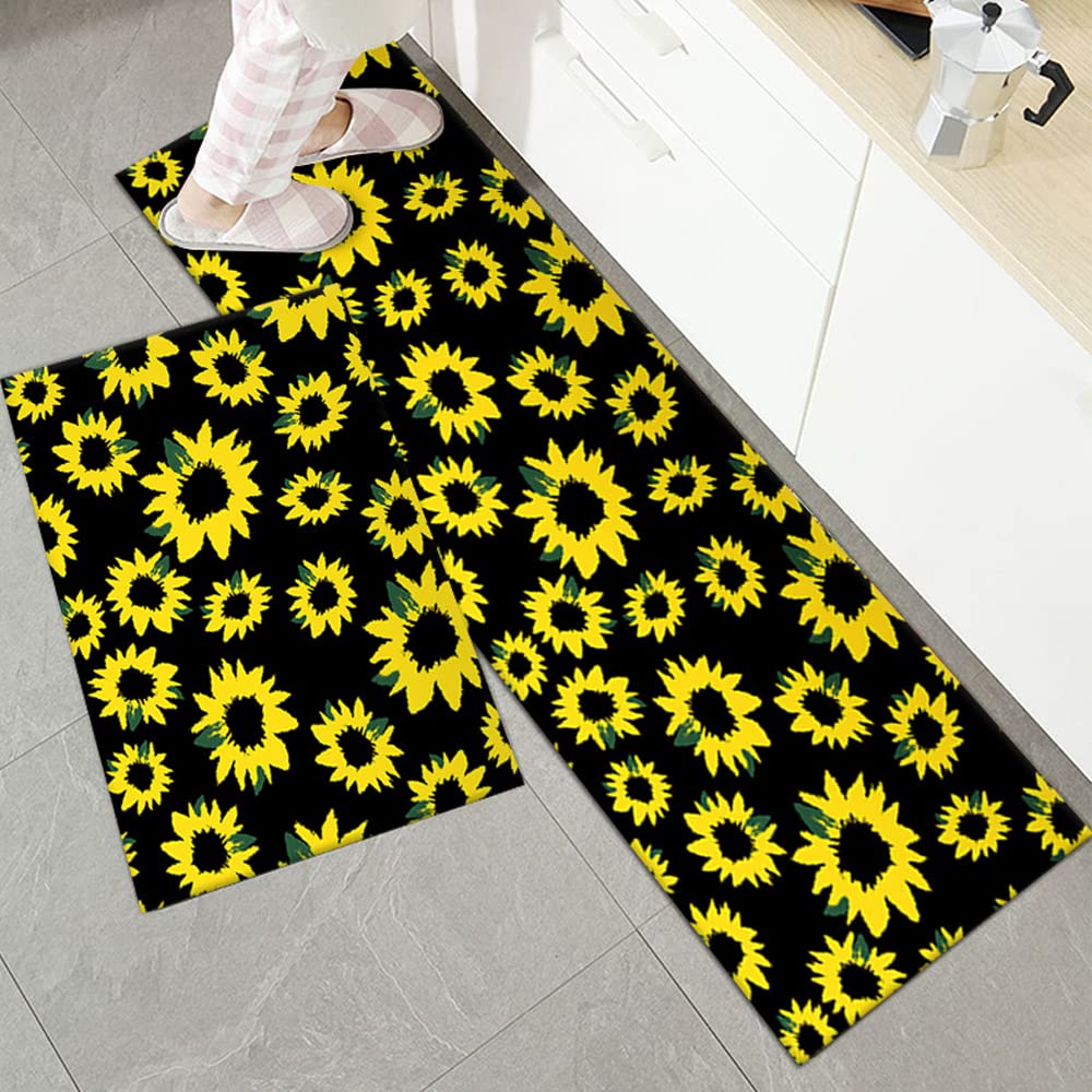 HJJKKH Sunflower Kitchen Rugs Set of 2pcs Anti Fatigue Mat,Waterproof Non Slip Sunflower Kitchen Mats Set for Kitchen Floor,Spring Summer Decorative Rugs for Home Kitchen (19.7x31.5+19.7x63 inch)