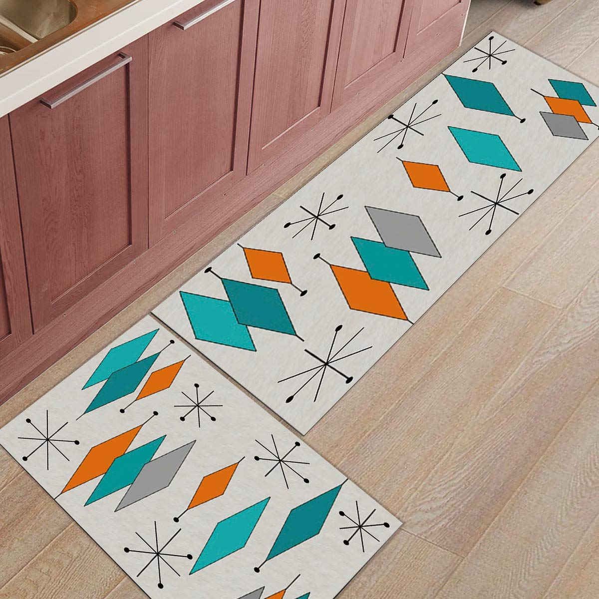 Libaoge Kitchen Rugs and Mats Set of 2 - Mid-Century Modern Diamond Pattern Doormat with Non Skid Rubber Backing Floor Mat Accent Area Runner Indoor Entrance Carpet 19.7"x31.5"+19.7"x47.2"