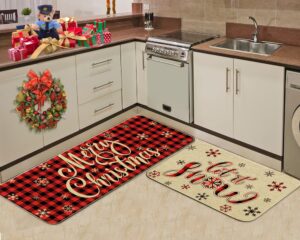 merry christmas kitchen rugs set of 2 black red buffalo plaid farmhouse decorative rubber backing xmas holiday floor mat anti-slip let it snow decorations for indoor outdoor home 17x28 and 17x47 inch