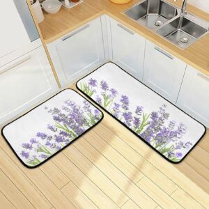 alaza lavender flower watercolor 2 piece kitchen rug floor mat set runner rugs non-slip for kitchen laundry office 20" x 28" + 20" x 48"