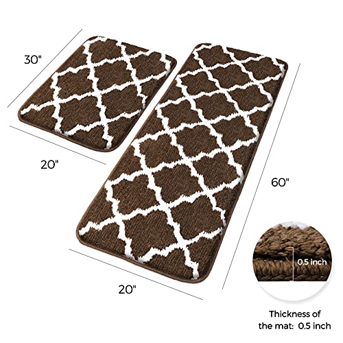 DELXO Kitchen Mat Kitchen Rug Set [2 PCS] - Perfect for Kitchen, Bathroom, Living Room, Soft, Absorbent Microfiber Material, Non-Slip, Easy Clean Machine Washable Floor Runner - 20"X30"+20"X63", Brown