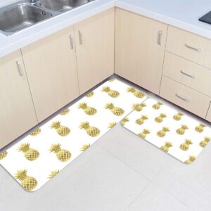 kitchen mat set of 2, gold fruit pineapple filling non slip kitchen rugs and mats for floor, white absorbent bath runner rug set washable floor mats for home entrance/kitchen sink/bathroom tub