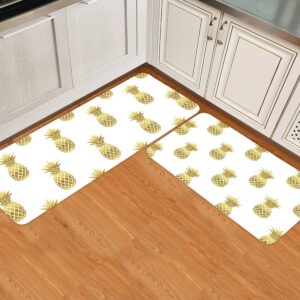 Kitchen Mat Set of 2, Gold Fruit Pineapple Filling Non Slip Kitchen Rugs and Mats for Floor, White Absorbent Bath Runner Rug Set Washable Floor Mats for Home Entrance/Kitchen Sink/Bathroom Tub