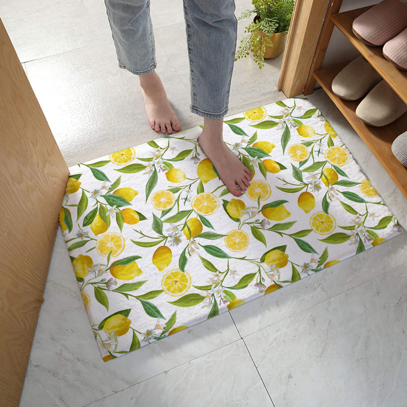 OneHoney Super Cozy Shag Bath Rug Doormat,Summer Lemon Fruits Flowers Leaves Washable Microfiber Plush Floor Mat, Absorbent Floor Mats with Non Slip Backing for Bathroom Kitchen Bedroom Green Floral