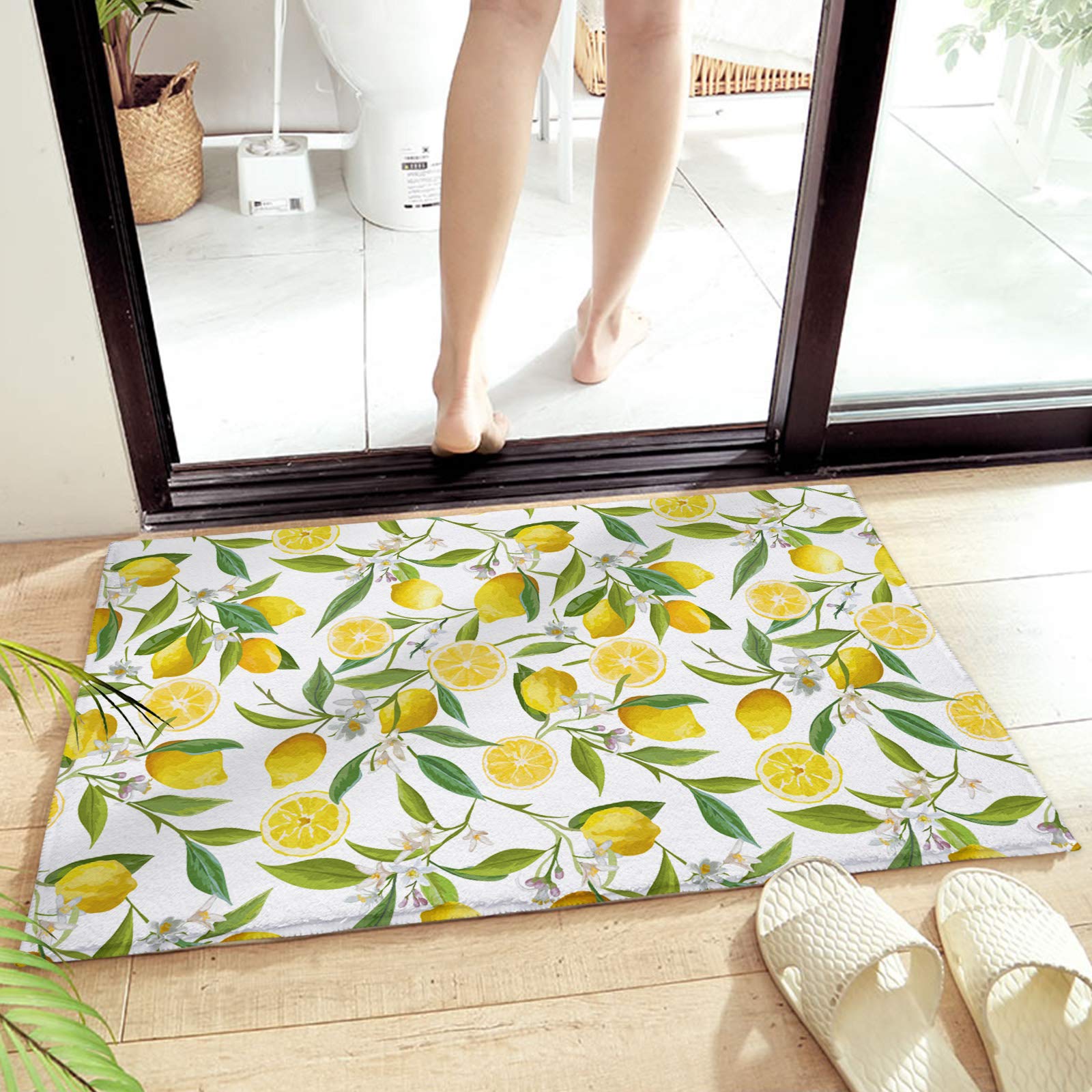 OneHoney Super Cozy Shag Bath Rug Doormat,Summer Lemon Fruits Flowers Leaves Washable Microfiber Plush Floor Mat, Absorbent Floor Mats with Non Slip Backing for Bathroom Kitchen Bedroom Green Floral