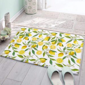 OneHoney Super Cozy Shag Bath Rug Doormat,Summer Lemon Fruits Flowers Leaves Washable Microfiber Plush Floor Mat, Absorbent Floor Mats with Non Slip Backing for Bathroom Kitchen Bedroom Green Floral