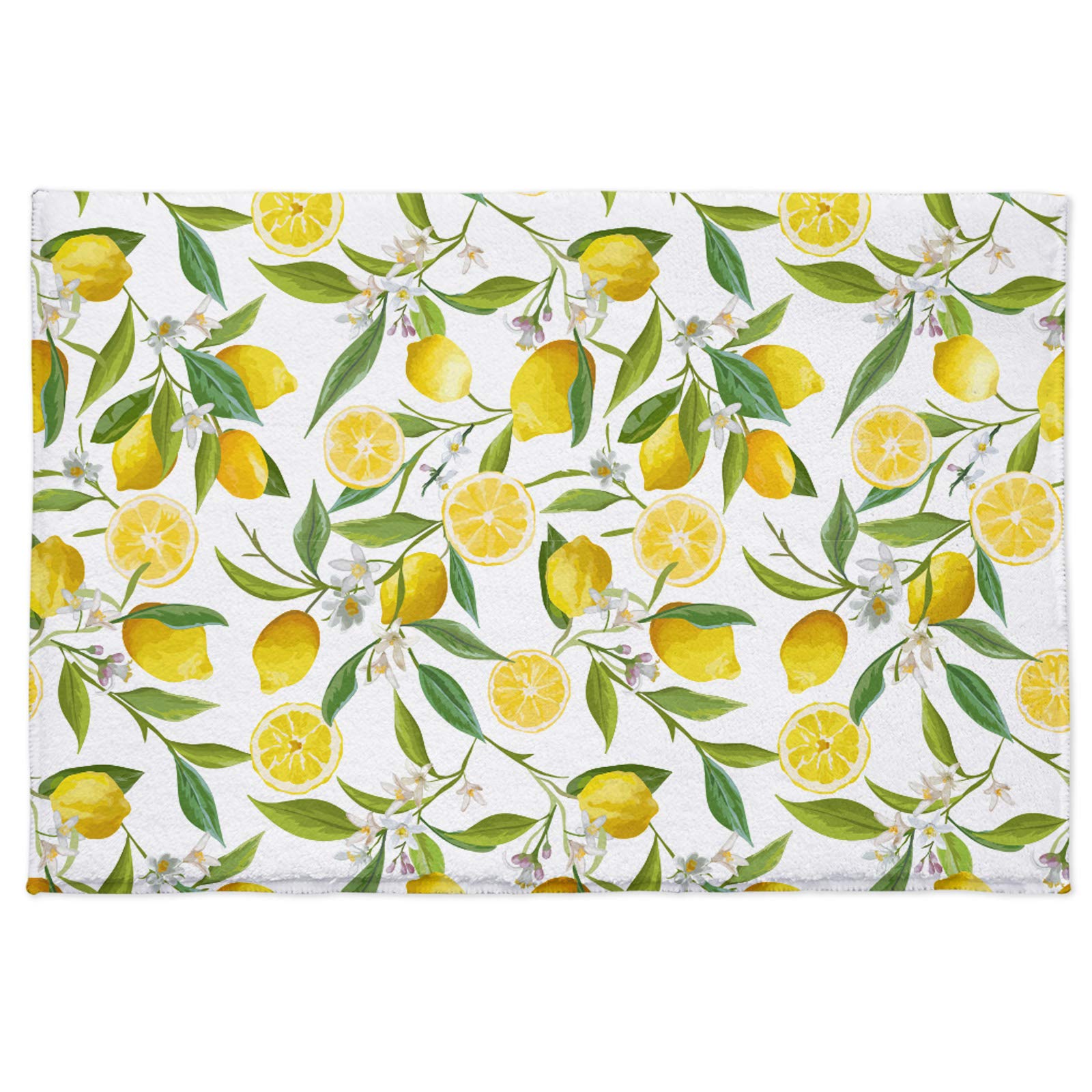 OneHoney Super Cozy Shag Bath Rug Doormat,Summer Lemon Fruits Flowers Leaves Washable Microfiber Plush Floor Mat, Absorbent Floor Mats with Non Slip Backing for Bathroom Kitchen Bedroom Green Floral