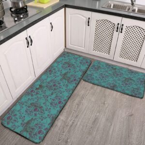 youtary damask skull distressed pattern kitchen rug set 2 pcs floor mats washable non-slip soft flannel runner rug doormat carpet for floor home bathroom, 17" x 47"+17" x 24"-m