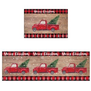 loopop kitchen rugs and mats sets of 2 merry christmas non-slip rubber backing area rugs washable runner carpets for floor, kitchen rustic red truck with xmas tree snowflakes 15.7x23.6+15.7x47.2inch