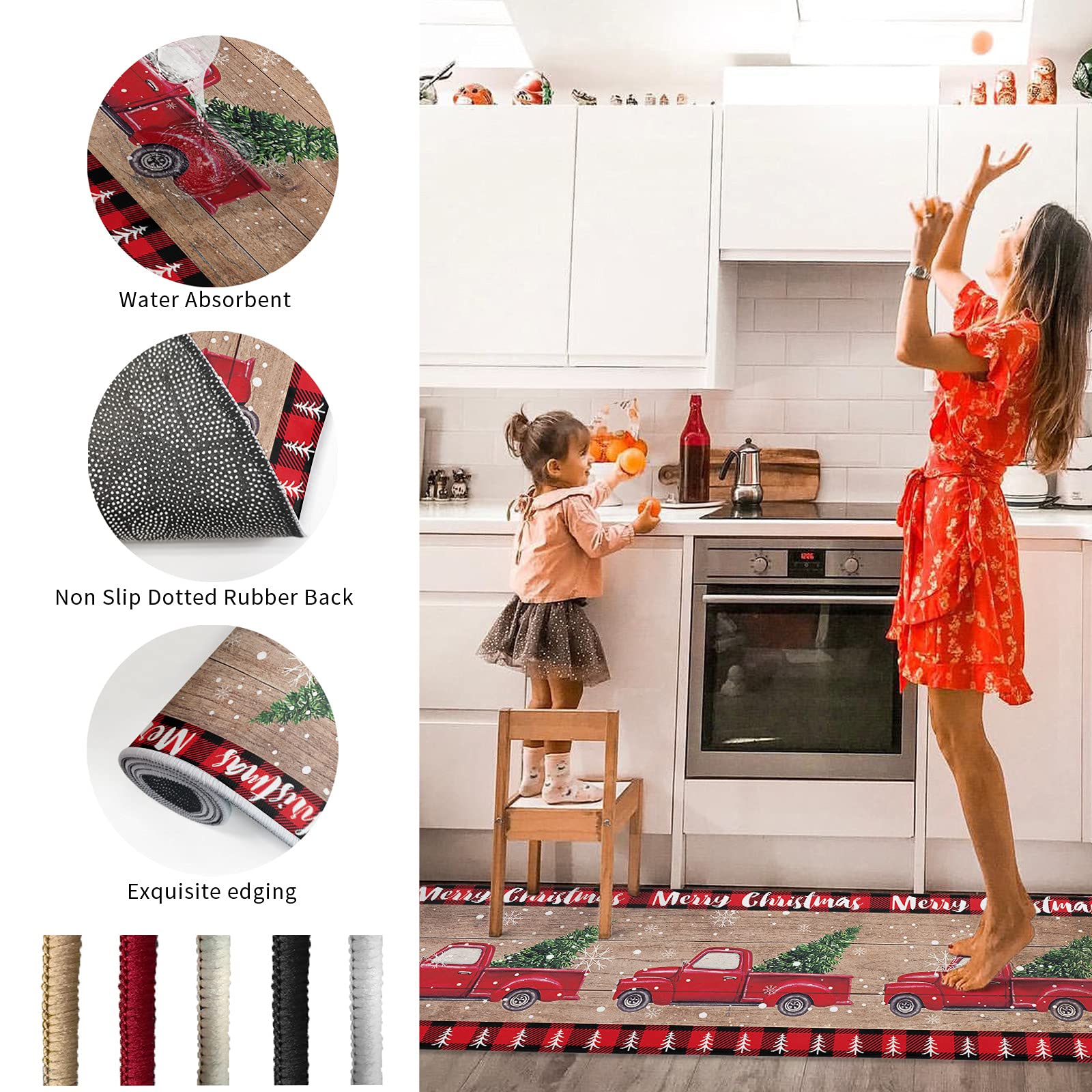 LooPoP Kitchen Rugs and Mats Sets of 2 Merry Christmas Non-Slip Rubber Backing Area Rugs Washable Runner Carpets for Floor, Kitchen Rustic Red Truck with Xmas Tree Snowflakes 15.7x23.6+15.7x47.2inch