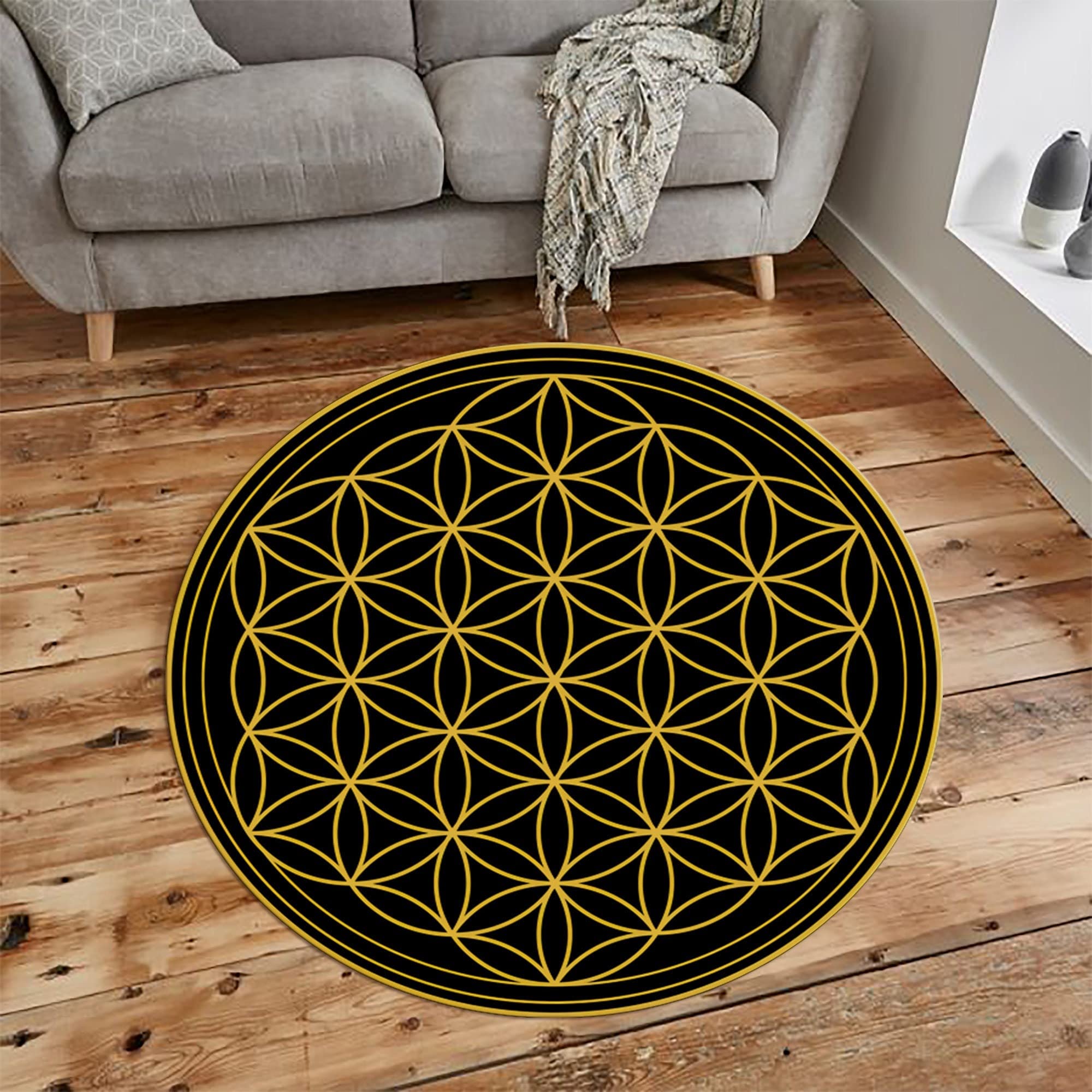 Flower of Life Round Area Rug Spa Mat Runner, Non-Slip & Absorbent Accent Rug, Washable Chair Mat for Vanity Bathtub Shower Entryway Patio Porch 24" Diameter Sacred Geometry Rug