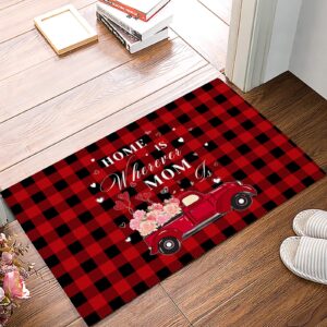 doormat bath rugs non slip red farm truck of love flower buffalo happy mother's day washable cover floor rug absorbent carpets floor mat home decor for kitchen bathroom bedroom (16x24)