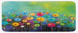 ambesonne flower kitchen mat, dandelions featured in garden brushstrokes watercolored abstract landscape art, plush decorative kitchen mat with non slip backing, 47" x 19", multicolor