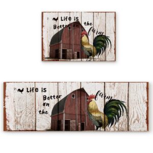 wanxinfu 2 piece kitchen mat set, rooster in front of a vintage barn retro wood background soft non-slip rubber backing floor mats doormat bathroom runner area rug carpet, 15.7x23.6in + 15.7x47.2in