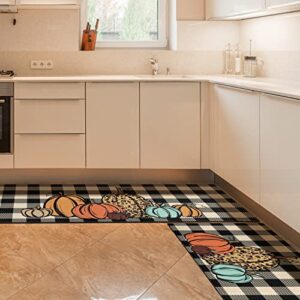 Xsinufn Fall Kitchen Rugs and Mats Set of 2, Autumn Thanksgiving Farmhouse Floor Rug Non-Slip Absorbent Washable, Fall Kitchen Decor Buffalo Plaid Pumpkins Rug - 17x30 and 17x47 Inch