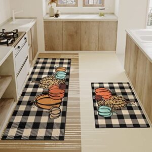 Xsinufn Fall Kitchen Rugs and Mats Set of 2, Autumn Thanksgiving Farmhouse Floor Rug Non-Slip Absorbent Washable, Fall Kitchen Decor Buffalo Plaid Pumpkins Rug - 17x30 and 17x47 Inch