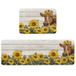 kitchen rugs and mats country farm cow with blossom sunflowers 2 piece comfort standing floor mat non slip absorbent doormats for laundry/bathroom/bedroom decor yellow floral on wood grain