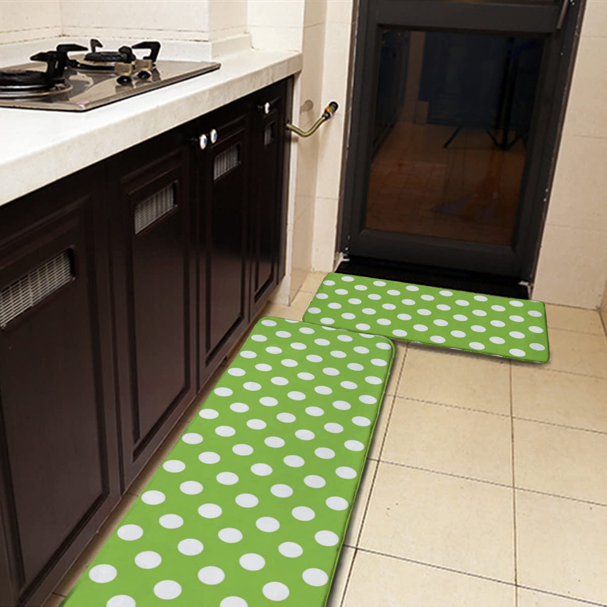 WOWHOO 2 Pcs Soft Kitchen Rug Set Washable Fatigue Cushioned Doormat Carpet Green Polka dot Non-Slip Kitchen Mats and Floor Rugs Area Runner Rugs 17.7'x59'+17.7'x29.5', White 3, Onesize