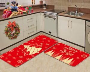 merry christmas kitchen rugs set of 2 red farmhouse decorative rubber backing xmas winter holiday floor mat anti-slip merry & bright decorations for indoor outdoor home kitchen 17x28 and 17x47 inch