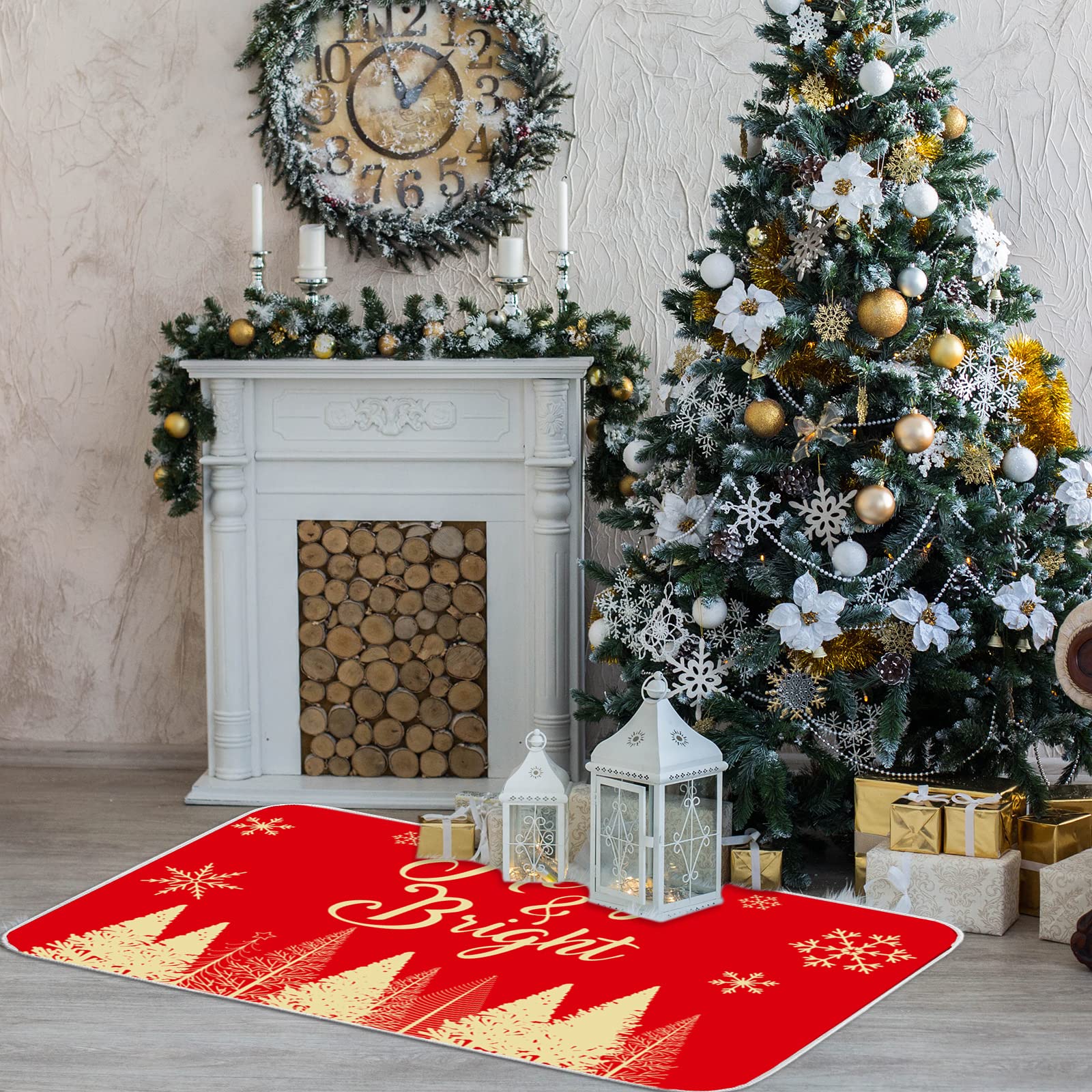 Merry Christmas Kitchen Rugs Set of 2 Red Farmhouse Decorative Rubber Backing Xmas Winter Holiday Floor Mat Anti-slip Merry & Bright Decorations for Indoor Outdoor Home Kitchen 17x28 and 17x47 Inch