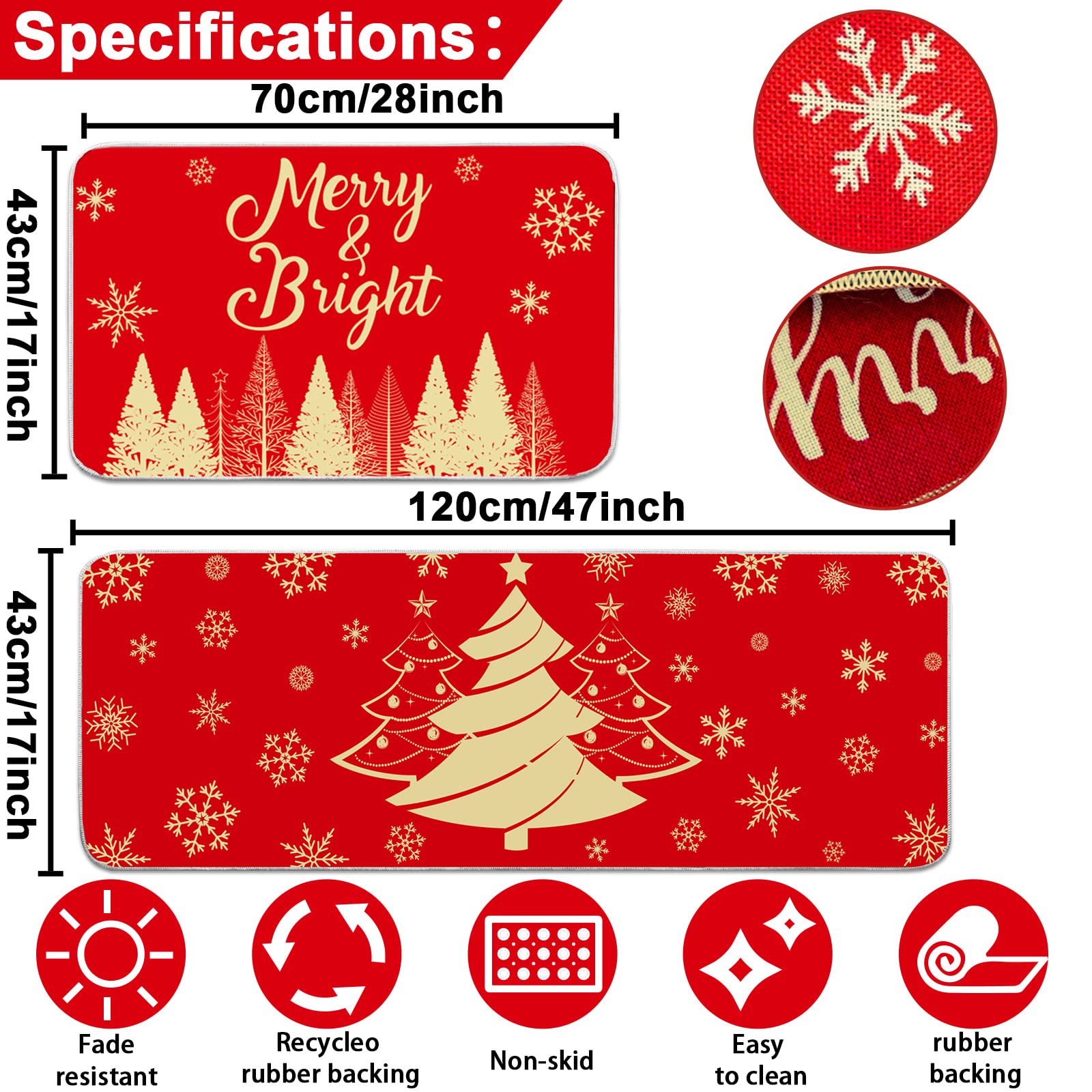 Merry Christmas Kitchen Rugs Set of 2 Red Farmhouse Decorative Rubber Backing Xmas Winter Holiday Floor Mat Anti-slip Merry & Bright Decorations for Indoor Outdoor Home Kitchen 17x28 and 17x47 Inch