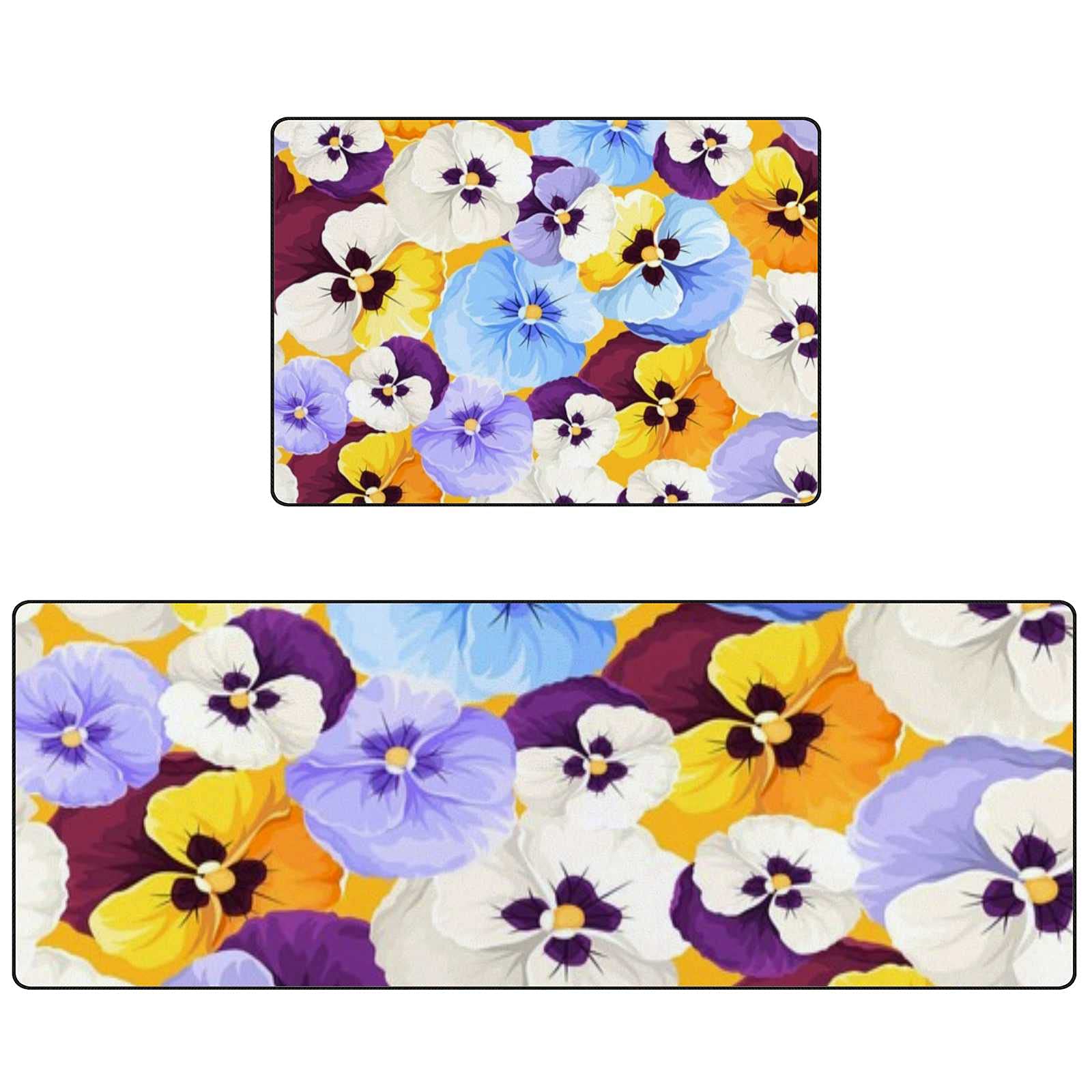 Kitchen Rugs and Mats Set of 2 Pieces Anti Fatigue Standing Mat Colorful Pansy Flowers Non Slip Washable Comfort Flooring Carpet Runner for Kitchen Home