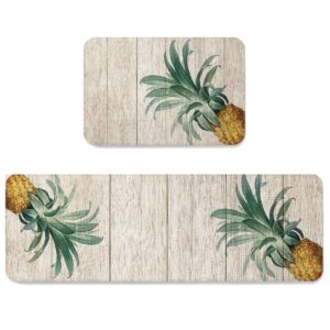 Anti Fatigue Kitchen Floor Rug Set 2 Piece Non-Slip Waterproof Kitchen Rugs Bath Mat Doormat Area Rug Floor Mat for Indoor Home Office Use,Pineapple on a Wooden Board 19.7x31.5in+19.7x47.2in