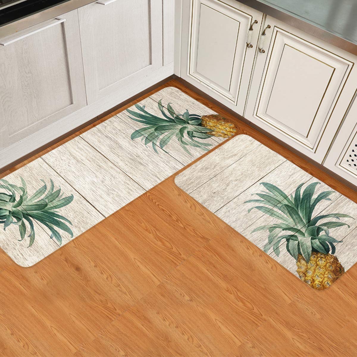 Anti Fatigue Kitchen Floor Rug Set 2 Piece Non-Slip Waterproof Kitchen Rugs Bath Mat Doormat Area Rug Floor Mat for Indoor Home Office Use,Pineapple on a Wooden Board 19.7x31.5in+19.7x47.2in