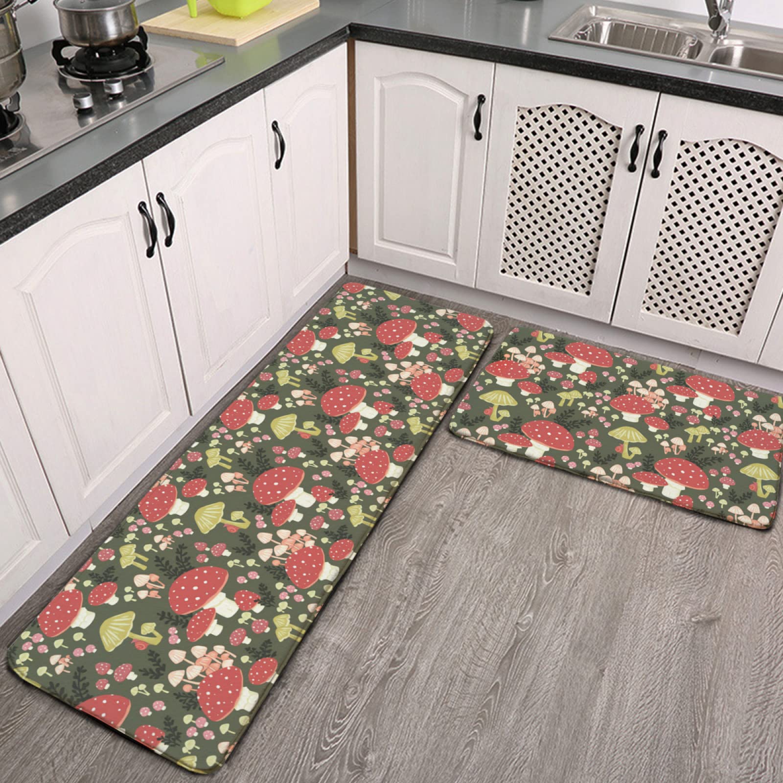 YouTary Mushrooms Pattern Kitchen Rug Set 2 PCS Floor Mats Washable Non-Slip Soft Flannel Runner Rug Doormat Carpet for Kitchen Bathroom Laundry