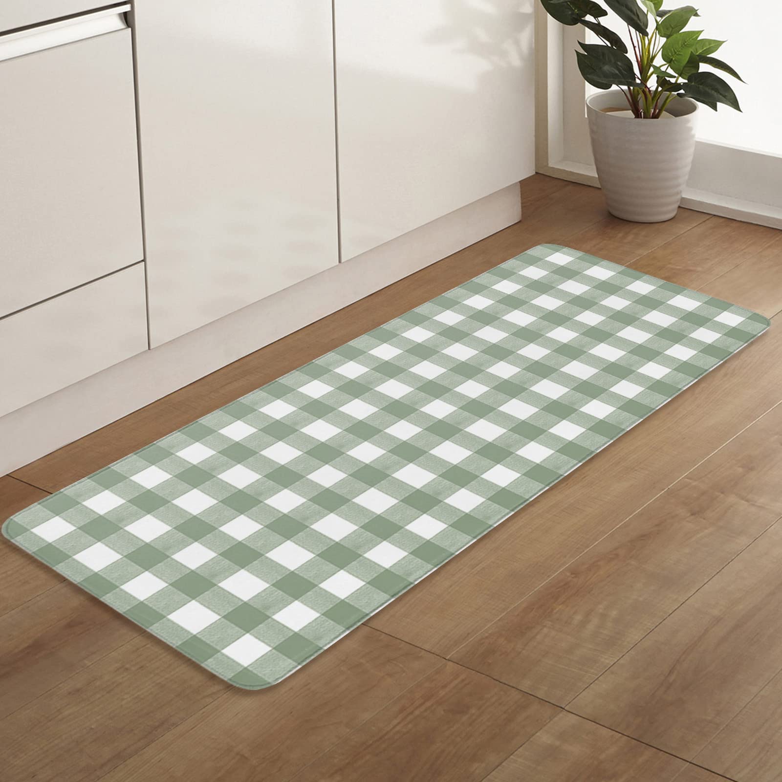 Sage Green Buffalo Plaid Kitchen Rug Set 2 Pieces Non-Slip Entryway Doormat, Farmhouse Green White Checkered Cushioned Runner Rug Standing Floor Rugs Door Mats, (20" x 32"+20" x 63")