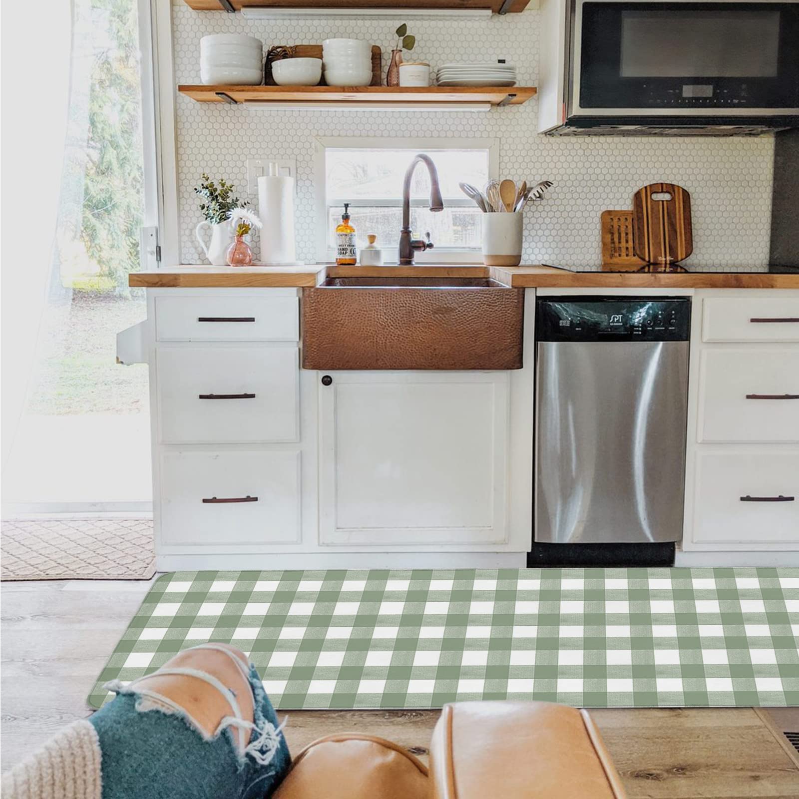 Sage Green Buffalo Plaid Kitchen Rug Set 2 Pieces Non-Slip Entryway Doormat, Farmhouse Green White Checkered Cushioned Runner Rug Standing Floor Rugs Door Mats, (20" x 32"+20" x 63")