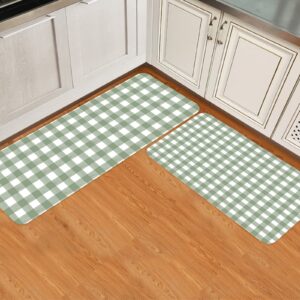 Sage Green Buffalo Plaid Kitchen Rug Set 2 Pieces Non-Slip Entryway Doormat, Farmhouse Green White Checkered Cushioned Runner Rug Standing Floor Rugs Door Mats, (20" x 32"+20" x 63")