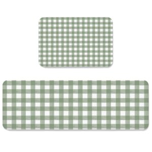 Sage Green Buffalo Plaid Kitchen Rug Set 2 Pieces Non-Slip Entryway Doormat, Farmhouse Green White Checkered Cushioned Runner Rug Standing Floor Rugs Door Mats, (20" x 32"+20" x 63")