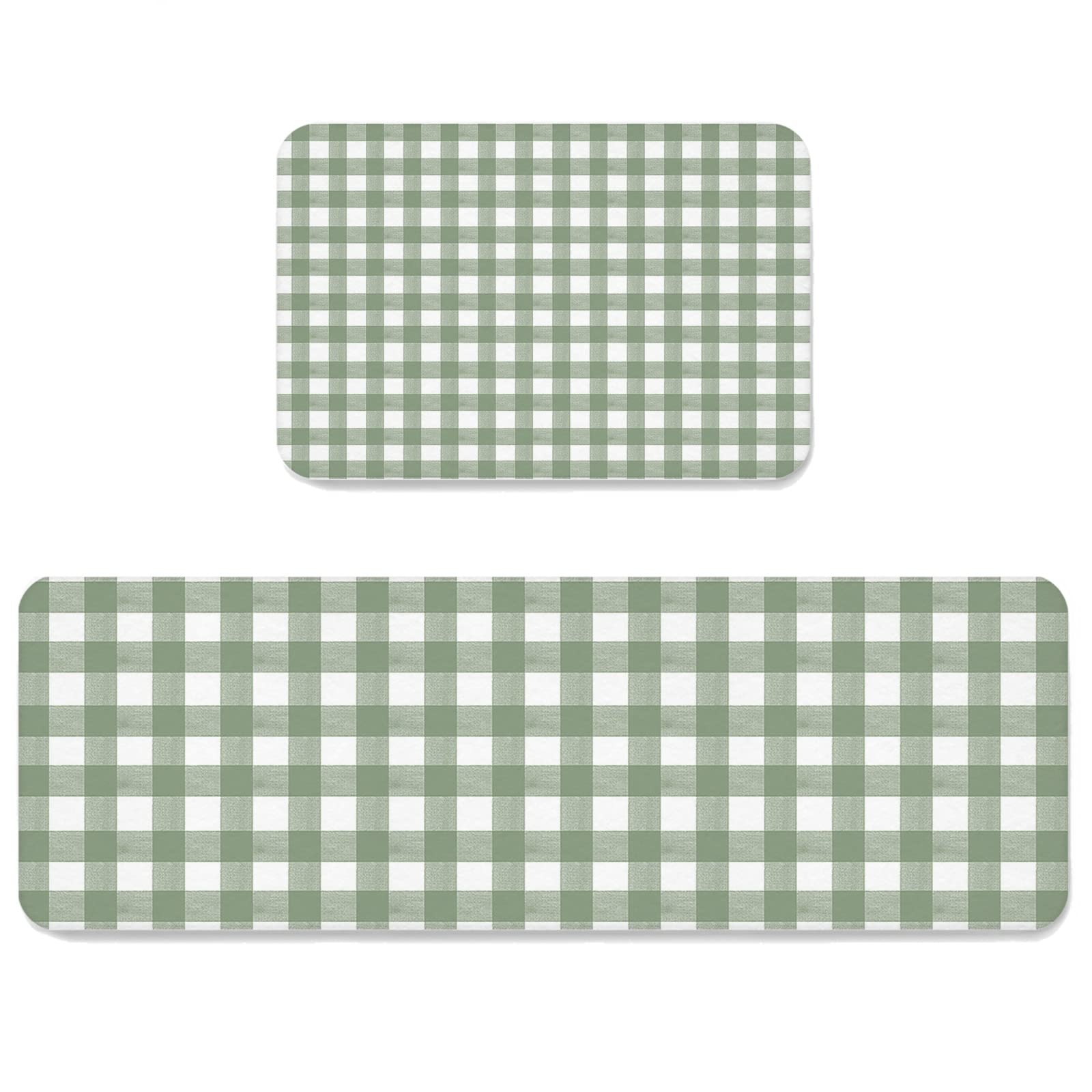 Sage Green Buffalo Plaid Kitchen Rug Set 2 Pieces Non-Slip Entryway Doormat, Farmhouse Green White Checkered Cushioned Runner Rug Standing Floor Rugs Door Mats, (20" x 32"+20" x 63")