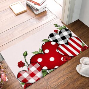 valentine's day indoor doormat bath rugs non slip, washable cover floor rug absorbent carpets floor mat home decor for kitchen bedroom red black plaid love heart rose pink (16x24)