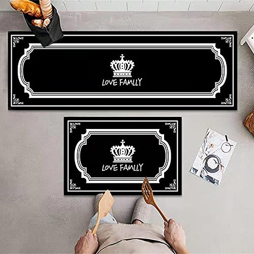 Kitchen Rugs and Mats Non Skid Washable Super Absorbent Microfiber Kitchen Mat Modern Non Slip Runner Carpets Black and White Crown Kitchen Rugs for Floor, Kitchen, Bedroom, Sink, Laundry (2 pcs)