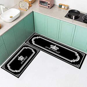 Kitchen Rugs and Mats Non Skid Washable Super Absorbent Microfiber Kitchen Mat Modern Non Slip Runner Carpets Black and White Crown Kitchen Rugs for Floor, Kitchen, Bedroom, Sink, Laundry (2 pcs)