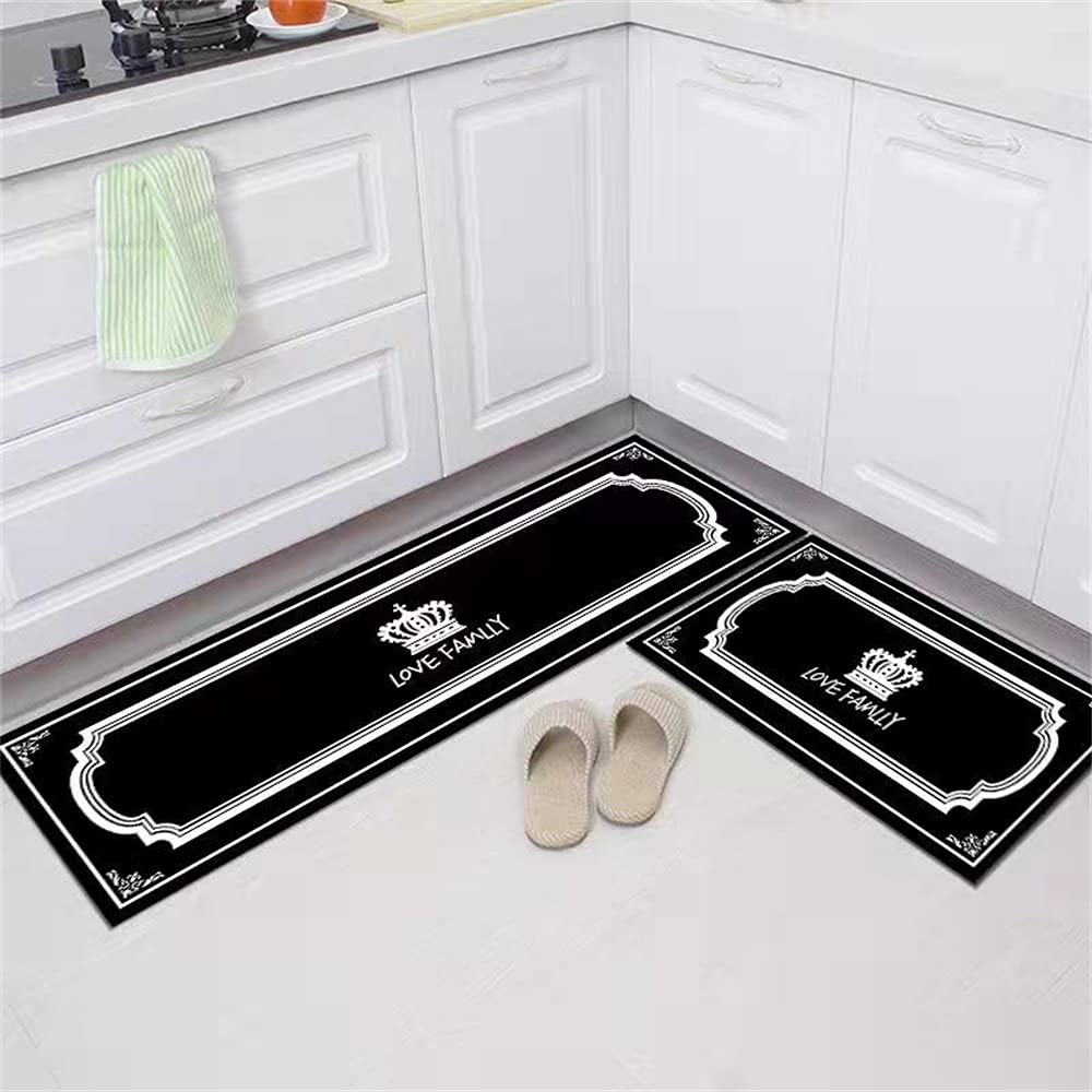 Kitchen Rugs and Mats Non Skid Washable Super Absorbent Microfiber Kitchen Mat Modern Non Slip Runner Carpets Black and White Crown Kitchen Rugs for Floor, Kitchen, Bedroom, Sink, Laundry (2 pcs)