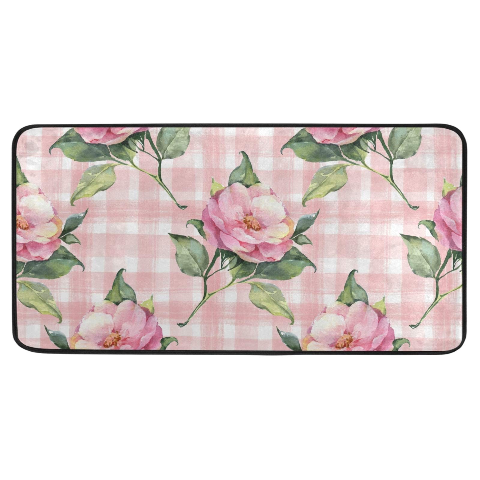 Pink Rose Plaid Kitchen Rug Door Mat Bath Rug Home Decor Floor Mat Non-Slip Carpet for Kitchen Living Bedroom 39 x 20 Inch