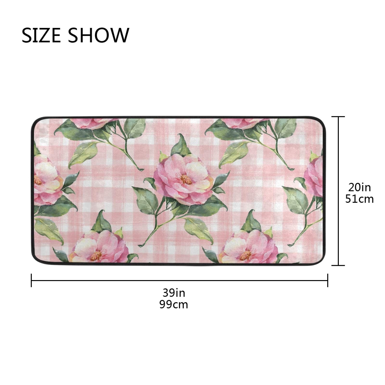 Pink Rose Plaid Kitchen Rug Door Mat Bath Rug Home Decor Floor Mat Non-Slip Carpet for Kitchen Living Bedroom 39 x 20 Inch